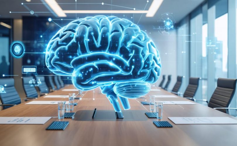 Conceptual illustration depicting the transformation of traditional business training into interactive review games, with a digital brain overlay symbolizing Neurolearning™ principles and design thinking. Participants engage with role-playing simulations and strategy games in a modern training environment.