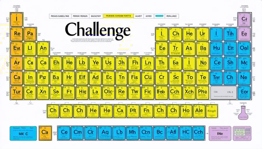 Interactive game interface with a focus on the periodic table and chemistry challenges