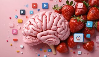 Conceptual representation of neurolearning techniques integrating strawberry ice cream sensory imagery with multimedia icons, symbolizing enhanced vaping compliance training.