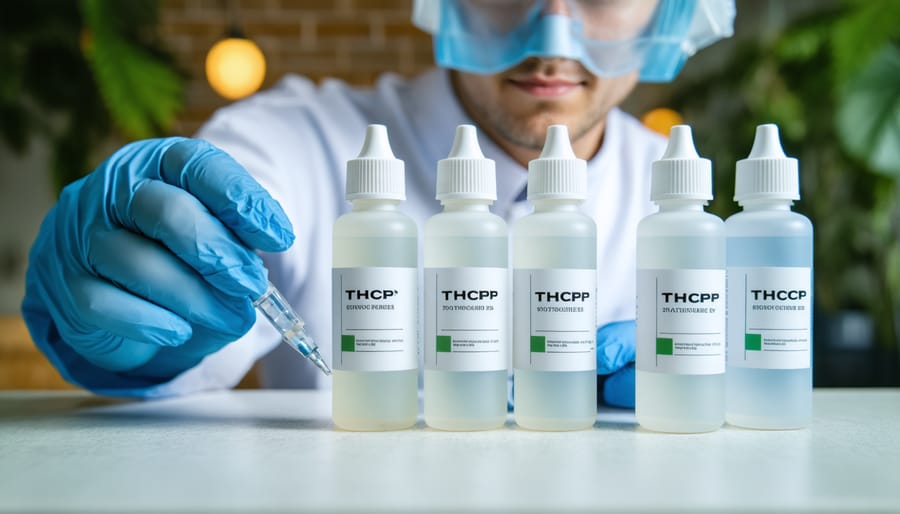 Dispensary employee carefully reviewing product labels in retail cannabis environment