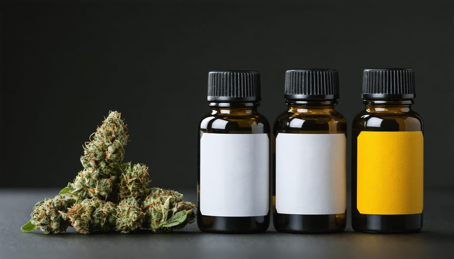 Close-up of hands applying compliance label to cannabis product package