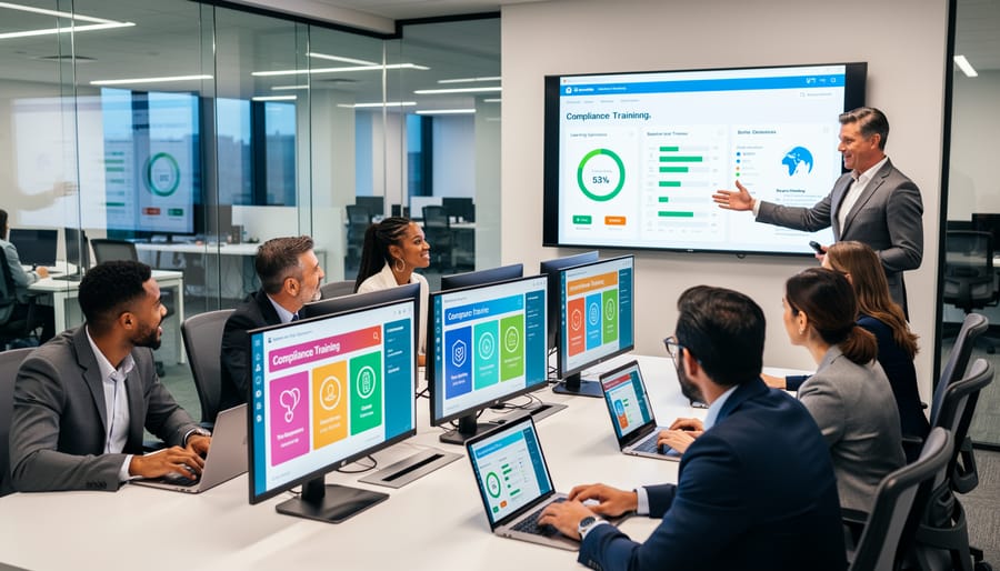 Employee engaged with interactive compliance training on laptop