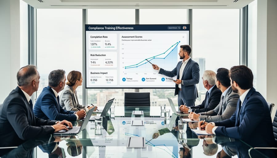 Team collaborating around analytics display in modern office