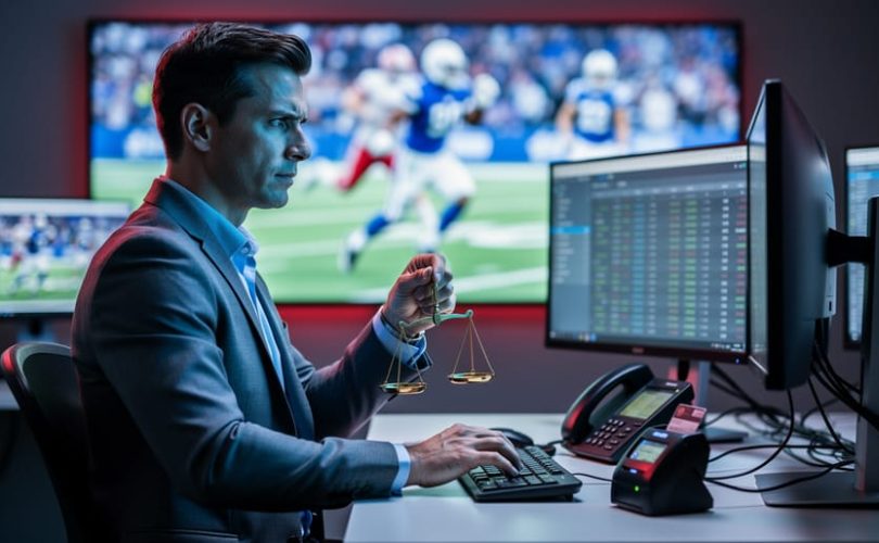 Compliance officer in a sportsbook operations room holding a brass scales of justice at a desk with an ID card scanner, with blurred sports screens and team silhouettes behind glass under cool, dramatic lighting.