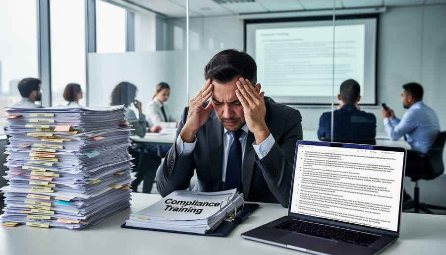 Employee overwhelmed by stacks of training manuals at desk