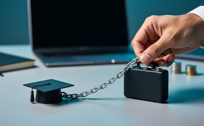 Close-up of a hand joining a steel chain between a small graduation cap and briefcase figurine on a desk, with a blurred laptop and coin stack in the background.