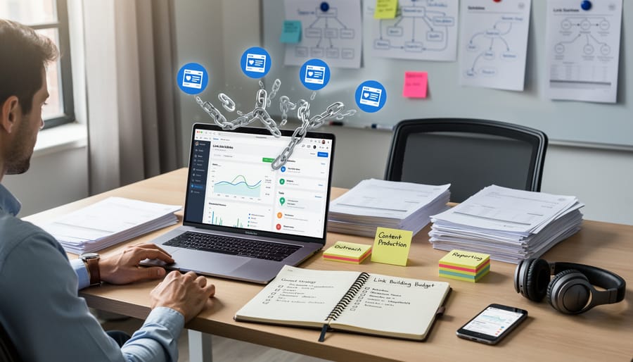 Business professional arranging connected chain symbols representing link building investments
