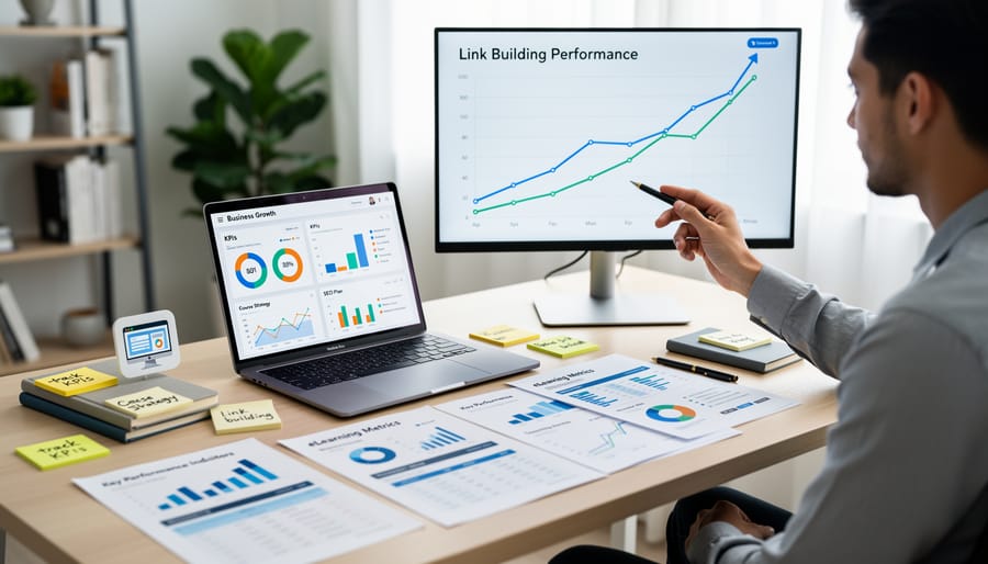 Business team reviewing performance metrics and KPIs in modern office setting