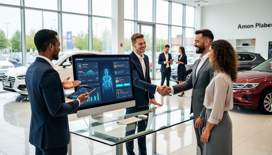 Car salesperson using digital tablet in modern dealership showroom