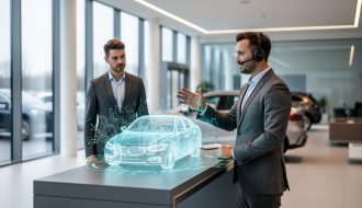 Car salesperson in a modern dealership using a headset to interact with a translucent holographic car model during AI training, with a colleague observing and blurred showroom vehicles in the background.