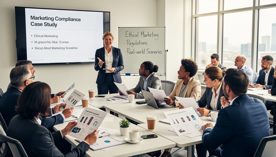 Corporate training session with professionals engaged in compliance discussion