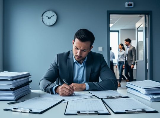 Training manager sorting piles of paper attendance sheets at a desk, with a blurred doorway behind showing employees entering under a small ceiling-mounted people-counting sensor in soft daylight.
