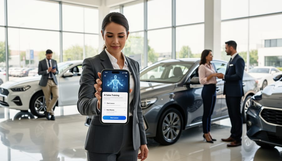 Sales team members reviewing training content on smartphone in dealership