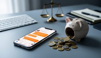 Medium close-up photo from above of a smartphone with orange comment bubbles on screen, coins spilling from a cracked piggy bank, and a blurred scales-of-justice figurine on a modern desk under soft daylight.