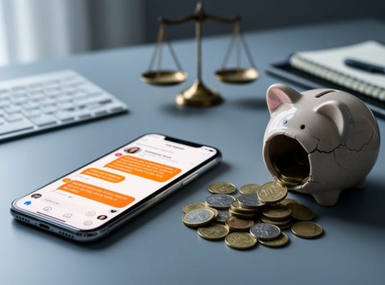 Medium close-up photo from above of a smartphone with orange comment bubbles on screen, coins spilling from a cracked piggy bank, and a blurred scales-of-justice figurine on a modern desk under soft daylight.
