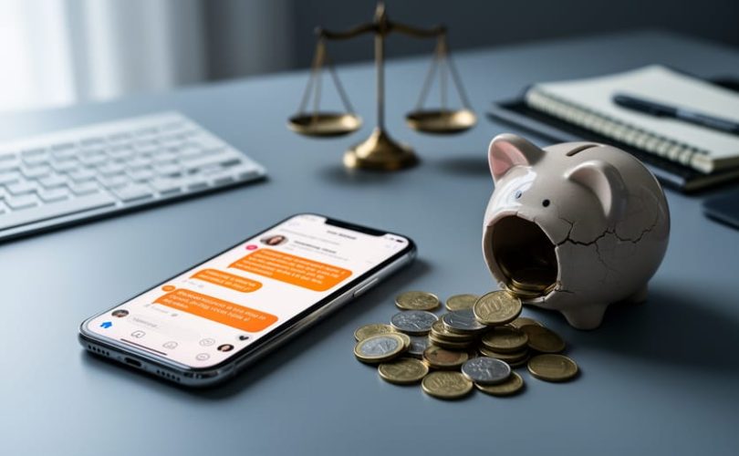 Medium close-up photo from above of a smartphone with orange comment bubbles on screen, coins spilling from a cracked piggy bank, and a blurred scales-of-justice figurine on a modern desk under soft daylight.