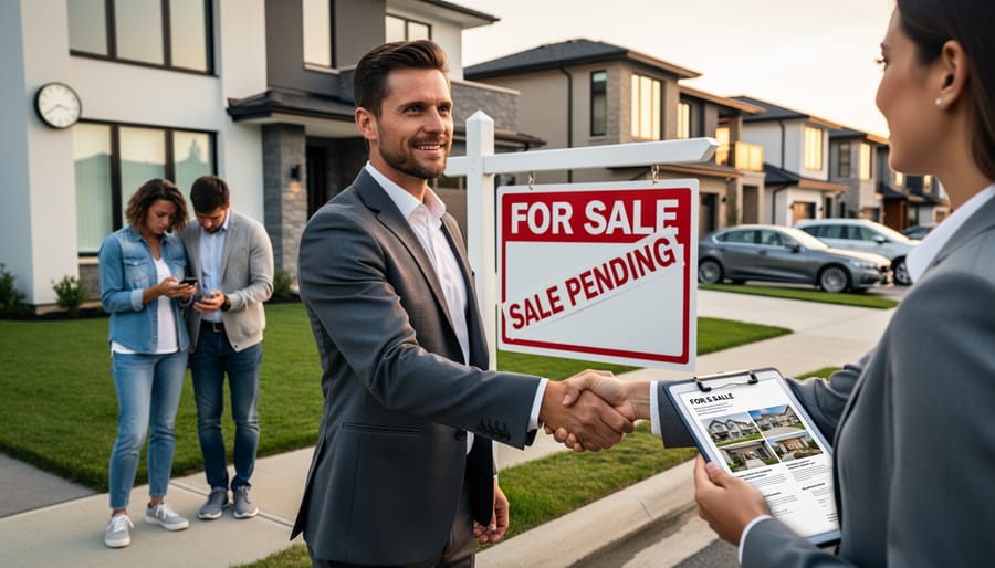 Property buyer checking time while reviewing documents in front of house for sale