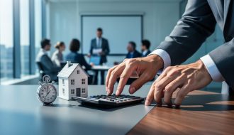 Close-up of a property acquisitions professional with a stopwatch next to a small house model and calculator on a desk, with a blurred team in a glass-walled training room behind.