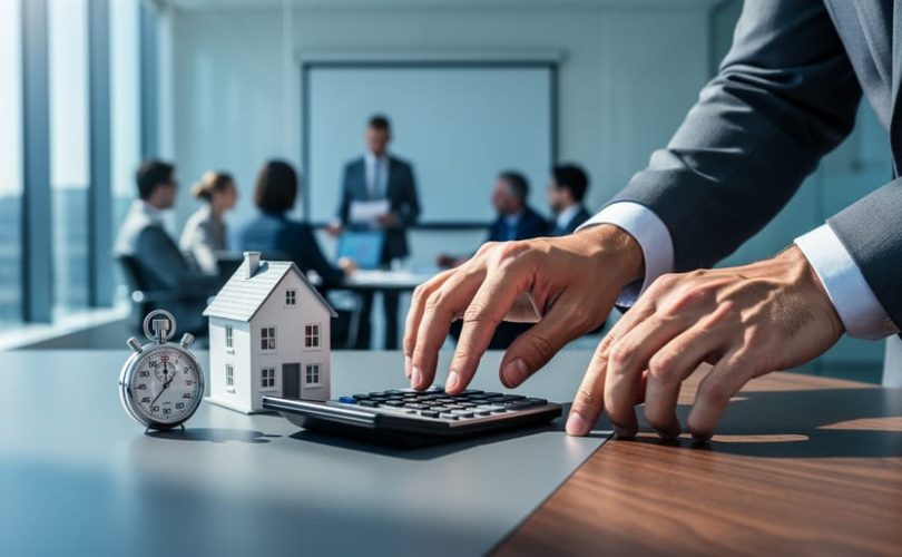 Close-up of a property acquisitions professional with a stopwatch next to a small house model and calculator on a desk, with a blurred team in a glass-walled training room behind.