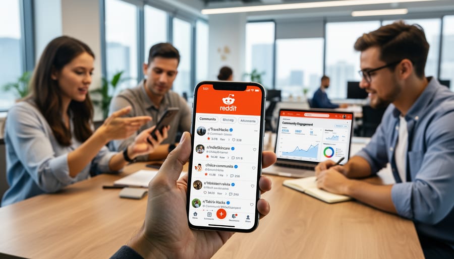 Business professional holding smartphone displaying Reddit mobile application