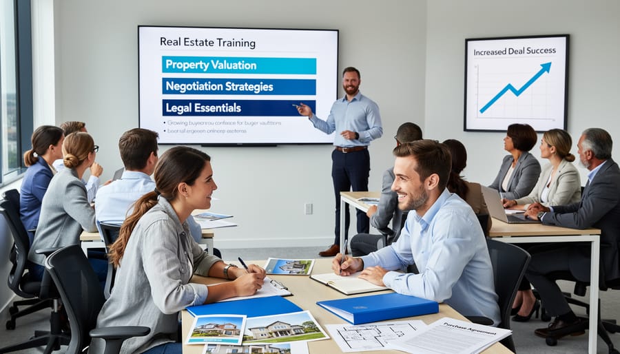Real estate professionals completing successful property transaction with handshake and keys
