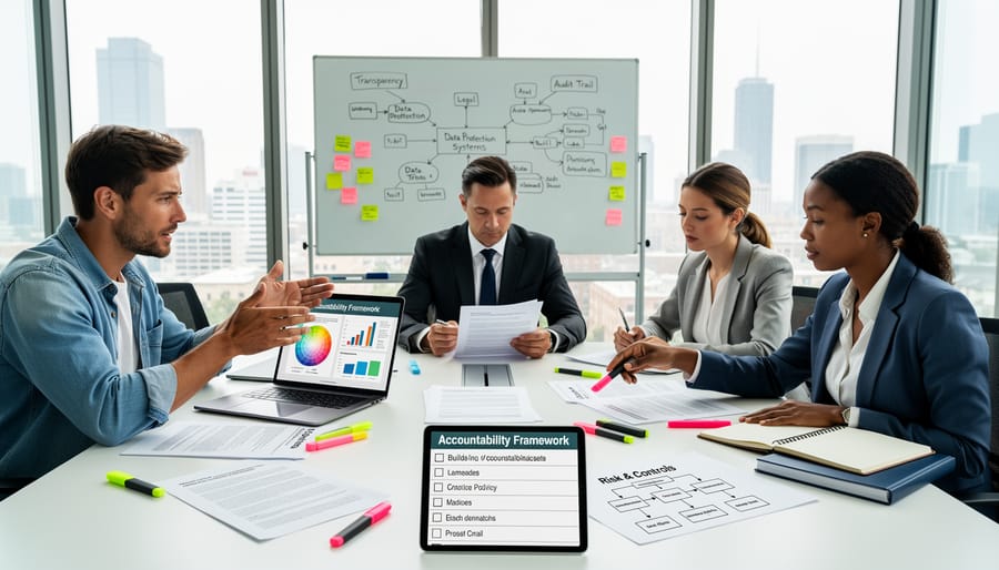 Team members collaborating around conference table with notebooks and devices