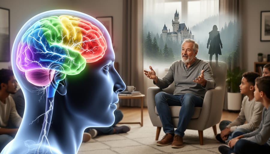 Detailed view of brain showing neural pathways activated during storytelling