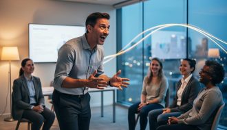 Facilitator gesturing while speaking to a small, diverse team in a modern glass-walled training room, warm side lighting, shallow depth of field, with blurred city lights and subtle curved light trails behind them.