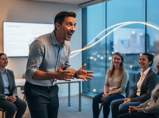 Facilitator gesturing while speaking to a small, diverse team in a modern glass-walled training room, warm side lighting, shallow depth of field, with blurred city lights and subtle curved light trails behind them.