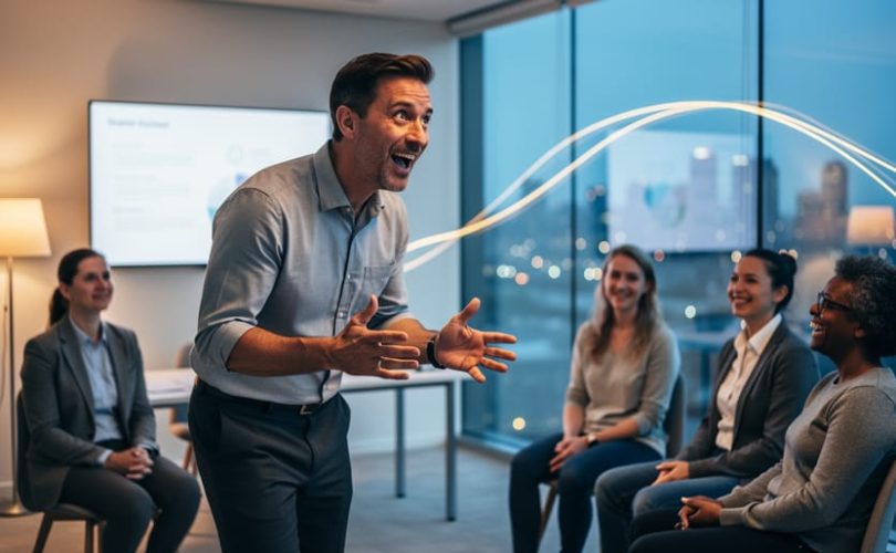 Facilitator gesturing while speaking to a small, diverse team in a modern glass-walled training room, warm side lighting, shallow depth of field, with blurred city lights and subtle curved light trails behind them.
