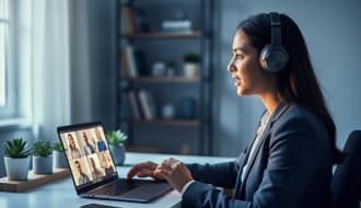 A remote training facilitator in a home office speaks on a laptop video call while wearing headphones, with blurred connected teammates visible on the screen.