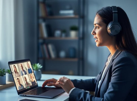 A remote training facilitator in a home office speaks on a laptop video call while wearing headphones, with blurred connected teammates visible on the screen.