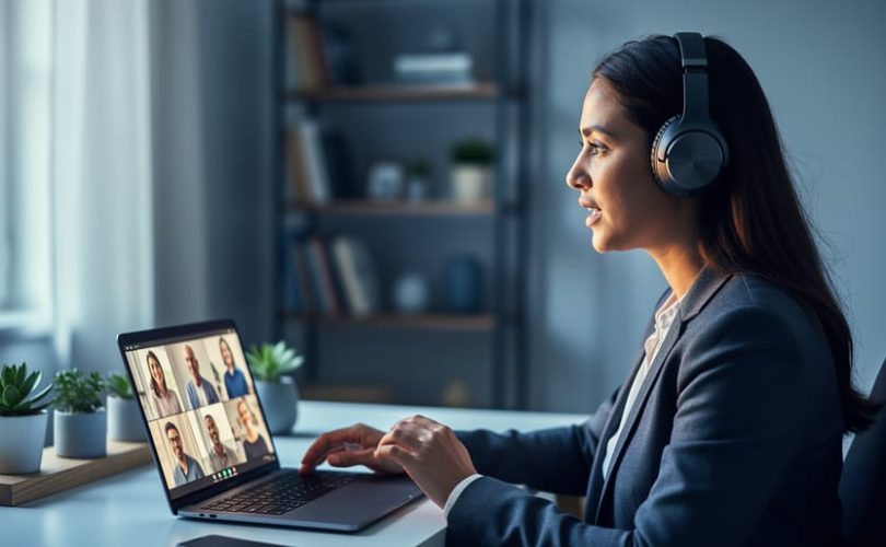 A remote training facilitator in a home office speaks on a laptop video call while wearing headphones, with blurred connected teammates visible on the screen.