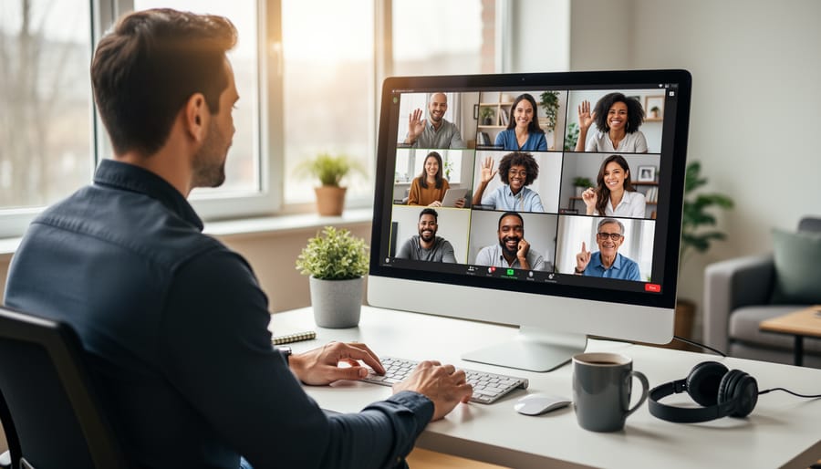 Remote trainer and employees connecting on a laptop video call in a home office.
