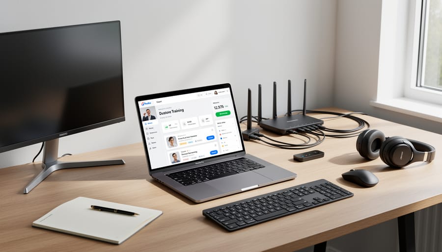 Organized remote training workspace with laptop, smartphone, headset, and notebook on a desk.