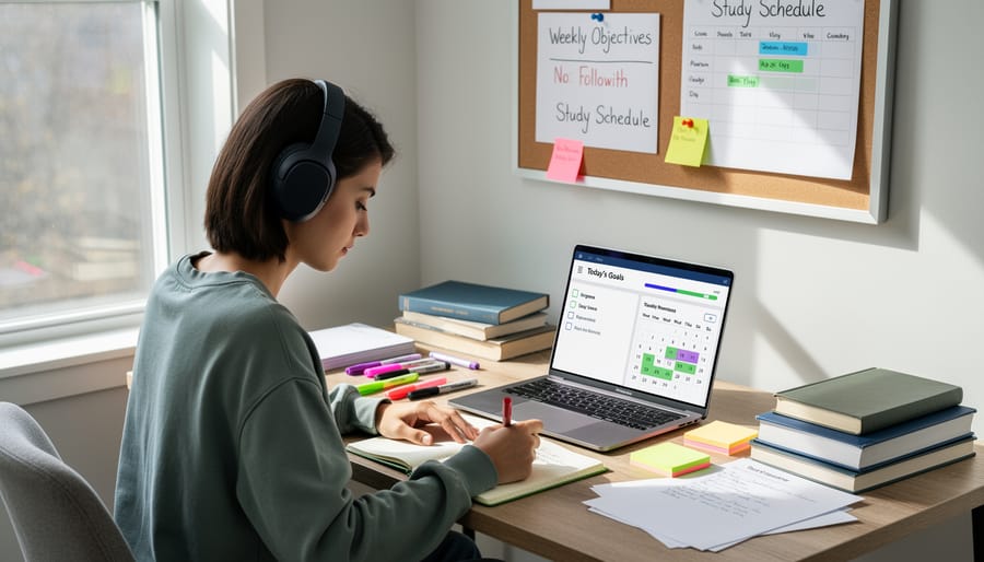 Close-up of glasses and a notebook next to a smartphone for self-paced remote learning.