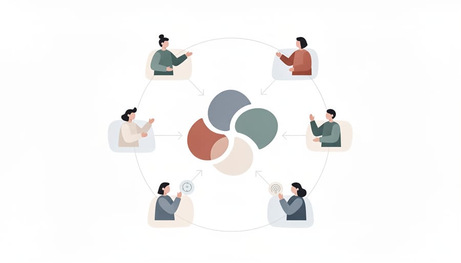 People collaborating with shared learning materials while a remote colleague is faintly visible via a tablet camera.