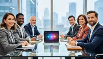 “A diverse leadership team meeting in a modern glass conference room while reviewing AI strategy materials on a laptop.”