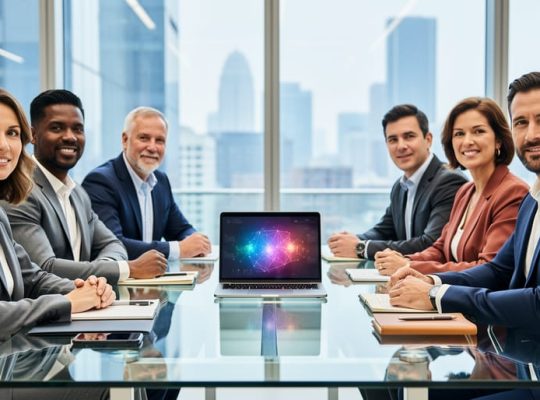“A diverse leadership team meeting in a modern glass conference room while reviewing AI strategy materials on a laptop.”