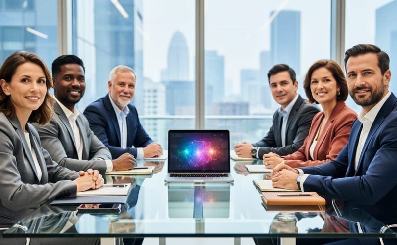 “A diverse leadership team meeting in a modern glass conference room while reviewing AI strategy materials on a laptop.”