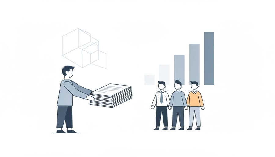 Business professional organizing documents into a folder on a desk