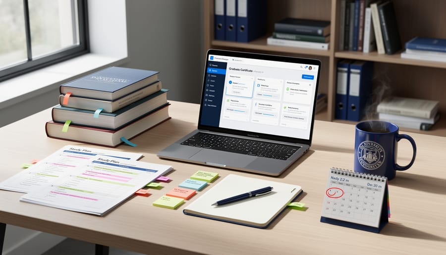 Close-up of a leather notebook and pen on a desk beside a laptop