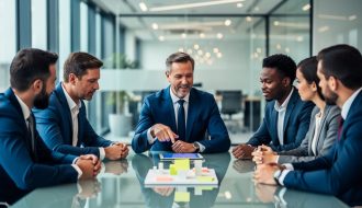 Corporate leaders and an HR or learning facilitator collaborating around a conference table during a leadership training workshop.