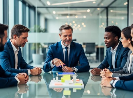 Corporate leaders and an HR or learning facilitator collaborating around a conference table during a leadership training workshop.