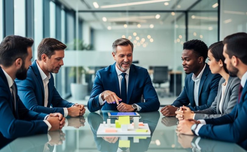 Corporate leaders and an HR or learning facilitator collaborating around a conference table during a leadership training workshop.