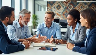 Diverse professionals collaborating in a corporate training room, gathered in a learning circle with an open notebook and tablet.