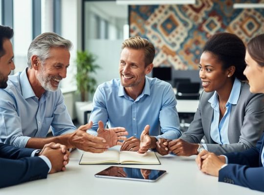 Diverse professionals collaborating in a corporate training room, gathered in a learning circle with an open notebook and tablet.