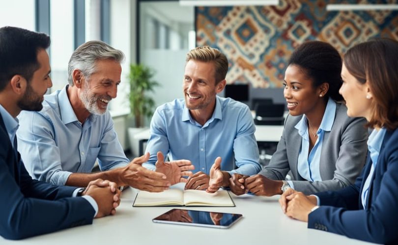 Diverse professionals collaborating in a corporate training room, gathered in a learning circle with an open notebook and tablet.