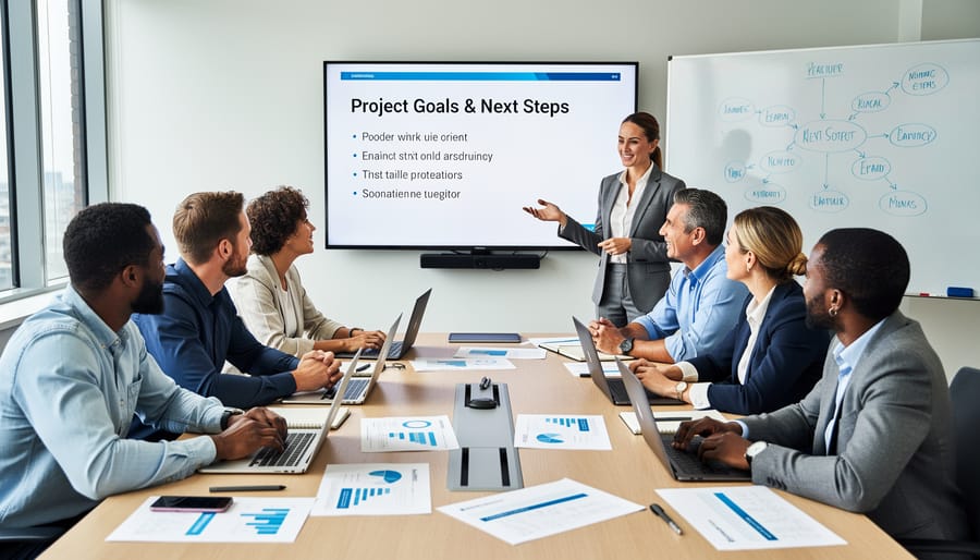 Diverse corporate team reviewing project planning notes in a modern training room