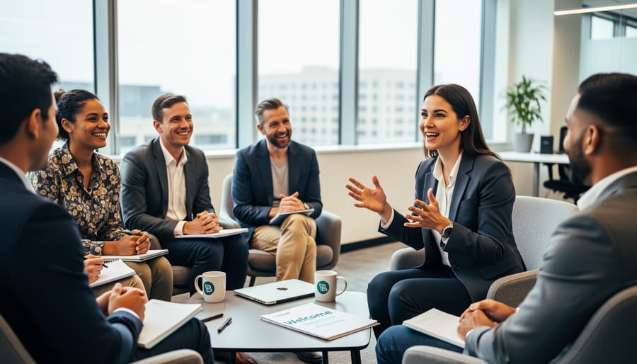 Diverse trainees collaborate and discuss a story during a corporate onboarding session.